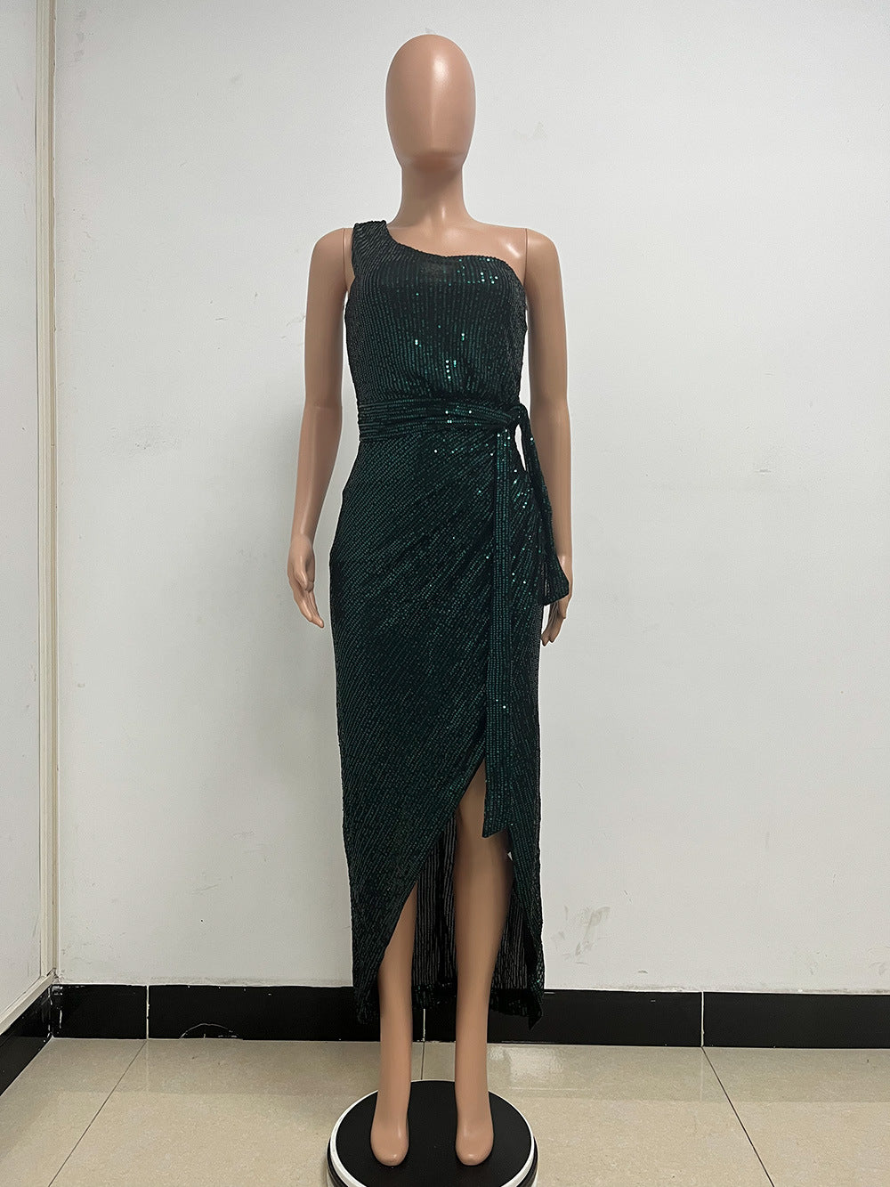 Women's One-Shoulder Lace-Up Sequined Evening Dress 89