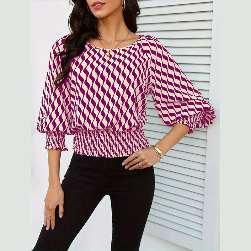Spring Women's Lantern Sleeve Top & Slim Waist Contrast Print Long Sleeve T-Shirt 11