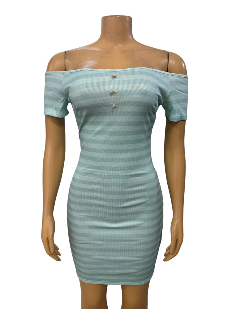 Women striped short-sleeved printed Off Shoulder sexy Bodycon dress