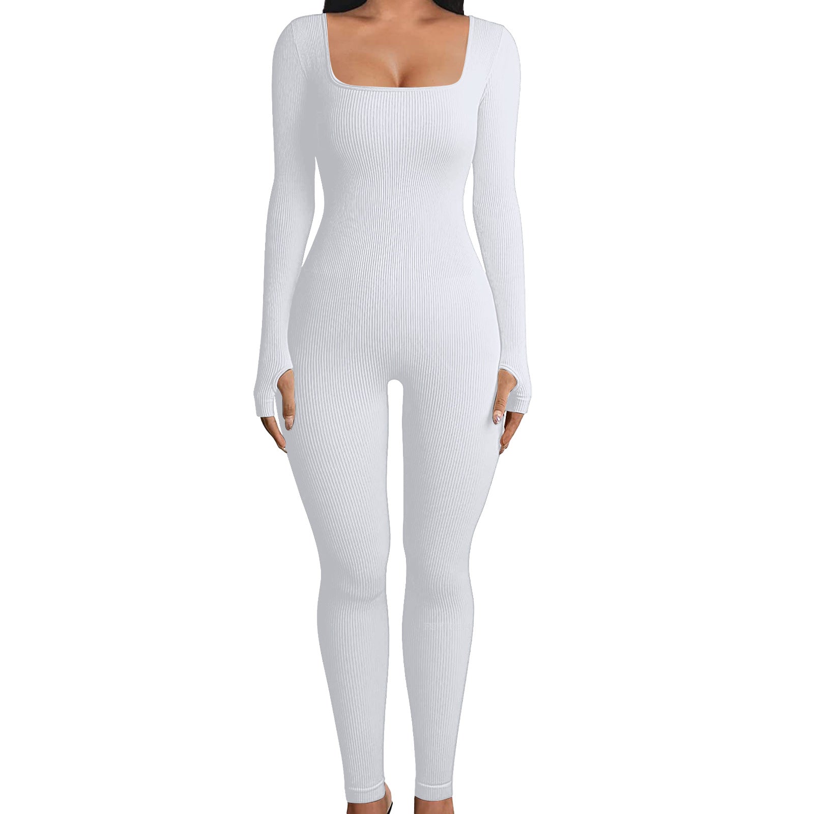 Women's Solid Color Long Sleeve Ribbed Square Neck Low Back Slim Fit Jumpsuit