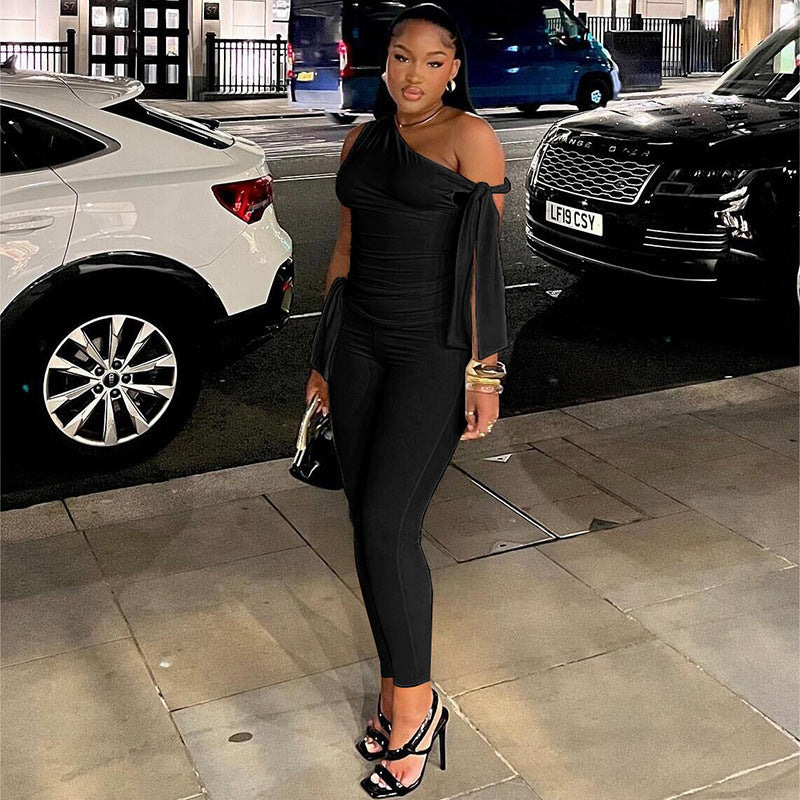 Summer Women's Lace-Up One-Shoulder T-Shirt High Waist Slim Casual Pants Two Piece Set For Women