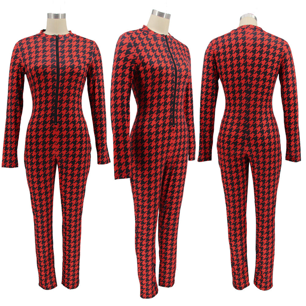 Spring Women's Plaid Print Round Neck Zipper Casual Jumpsuit 23