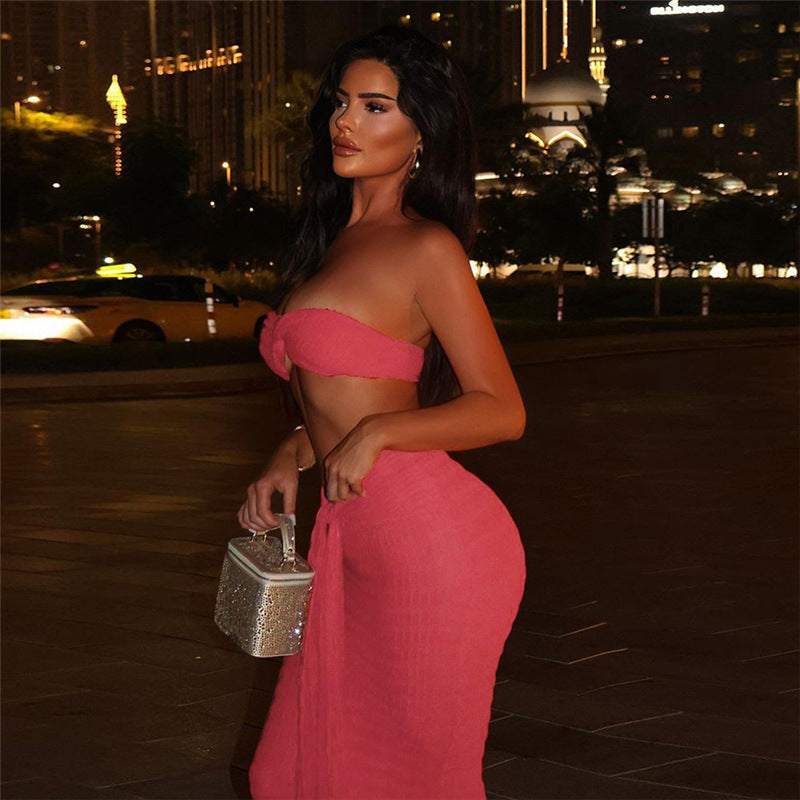 Women Summer Sexy Strapless Top and Long Skirt Two-Piece Set 14