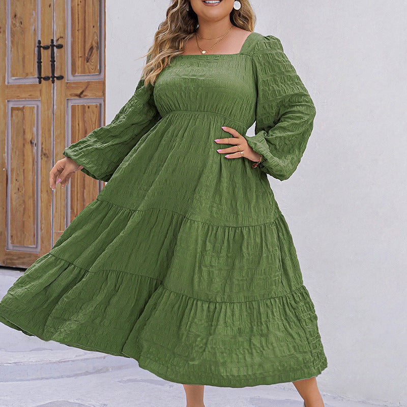 Plus Size Solid Color Loose Square Neck Slim Fit Long Sleeve Dress For Women 3