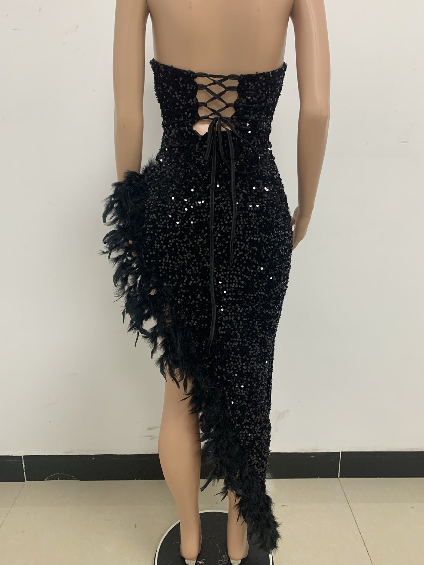 Women Sexy Off Shoulder Backless Sequin Feather Dress 46