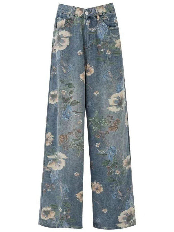 Women American Retro Printed Wide Leg Denim Pants 6