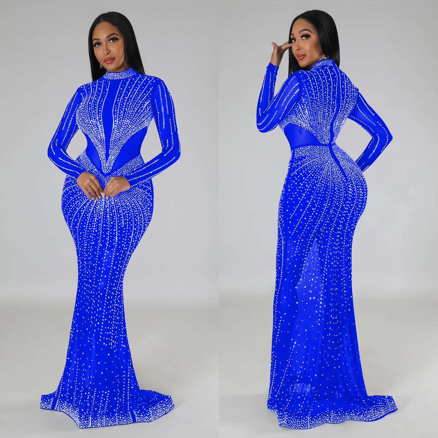 Women's Fashion Solid Color Mesh Beaded Long Sleeve Maxi Dress 8