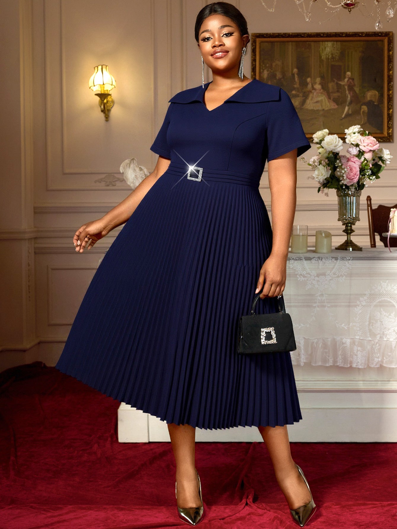 Plus-Size Women V-Neck Square-Button Elegant Pleated Dress 3