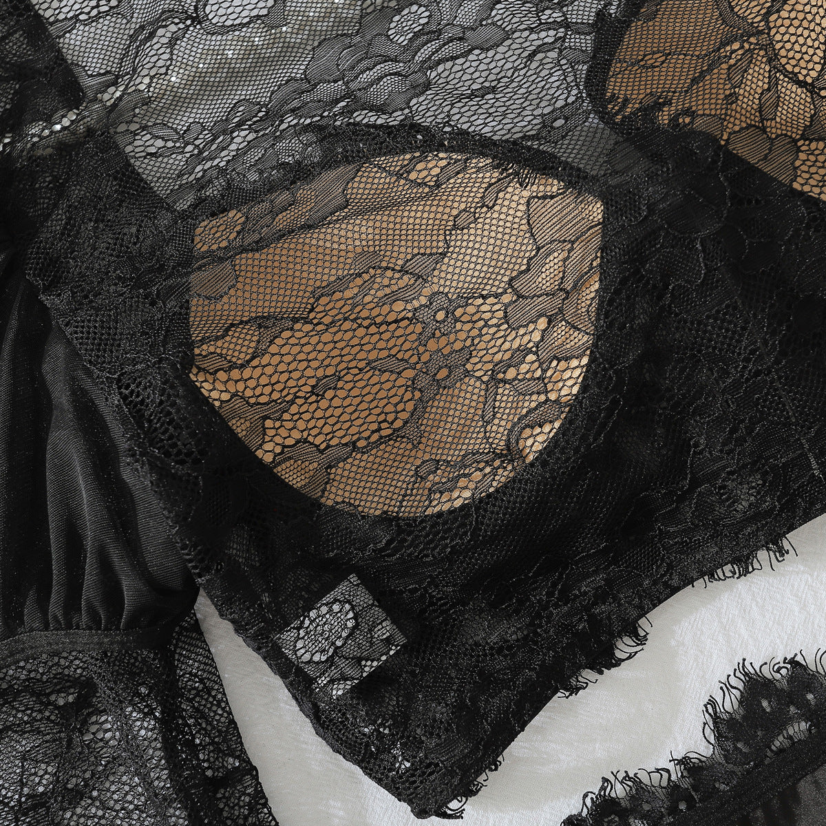 Long Sleeve Lace Teddy with Stockings Two Piece Lingerie 15