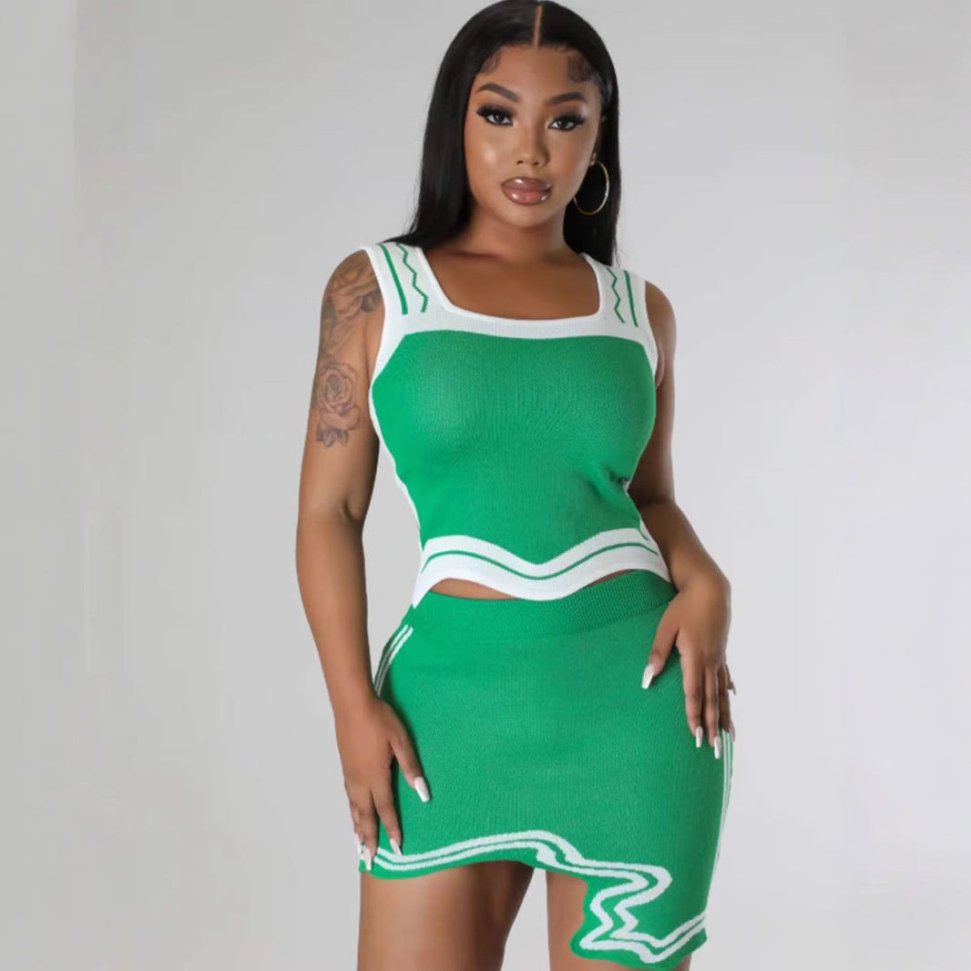 Women Knitting Striped Vest Wave Edge Hem Square Neck Irregular Sleeveless Top and Skirt Two-piece Set