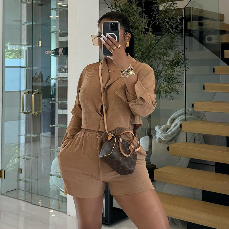 Women Summer Casual Turndown Collar long-sleeved shirt And drawstring shorts two-piece set 7