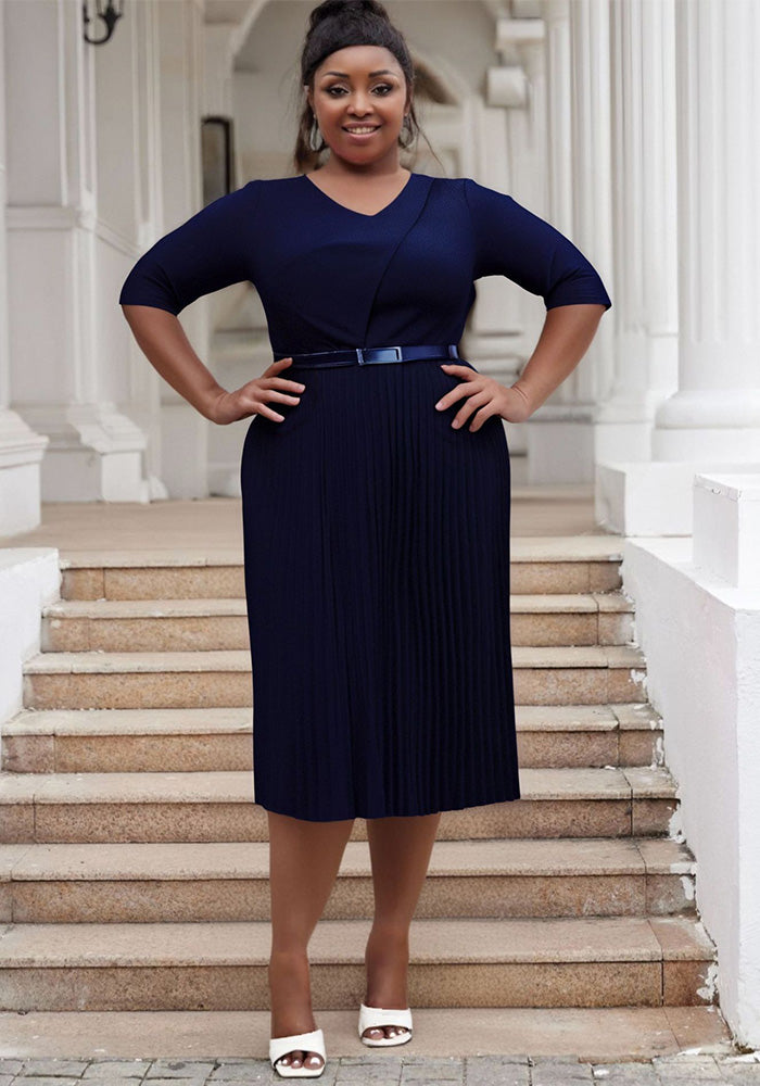 Plus Size fashion Career women's summer fashion Chic V-neck solid color pleated office dress
