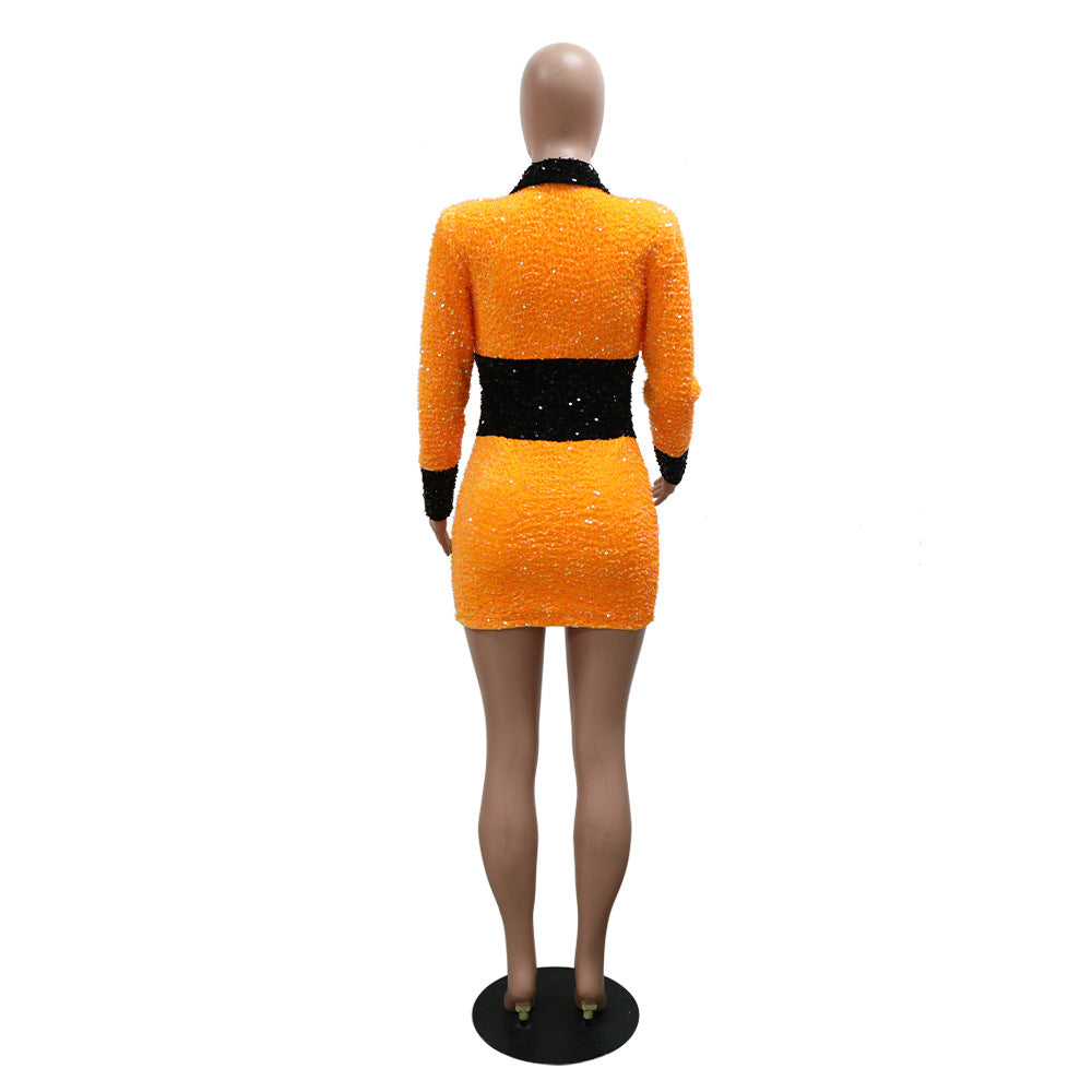 Women Sequined Color Block Party Dress 10