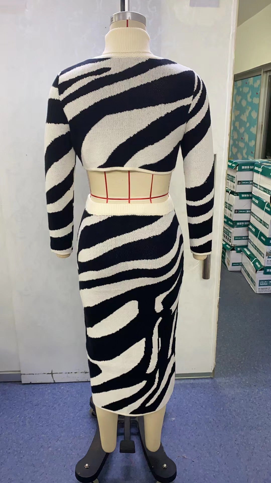 Women's Spring Chic High Neck Short Crop Top Striped Slim Bodycon Skirt Knitting Set 11