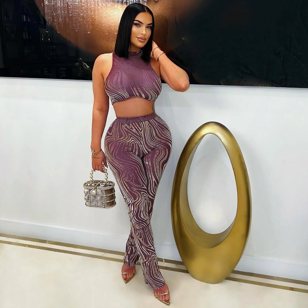 Women Round Neck Sexy Sleeveless Crop Top and Pants Two Piece Set 4