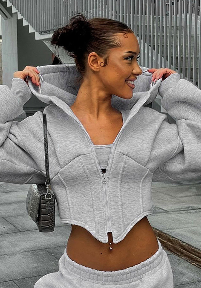 Women's Autumn Winter Casual Zipper Long Sleeve Hooded Short Top