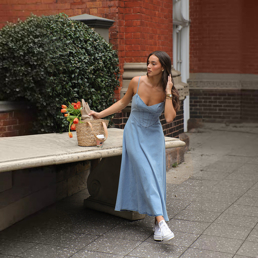 Spring Summer Strap V Neck Denim Long Dress 3