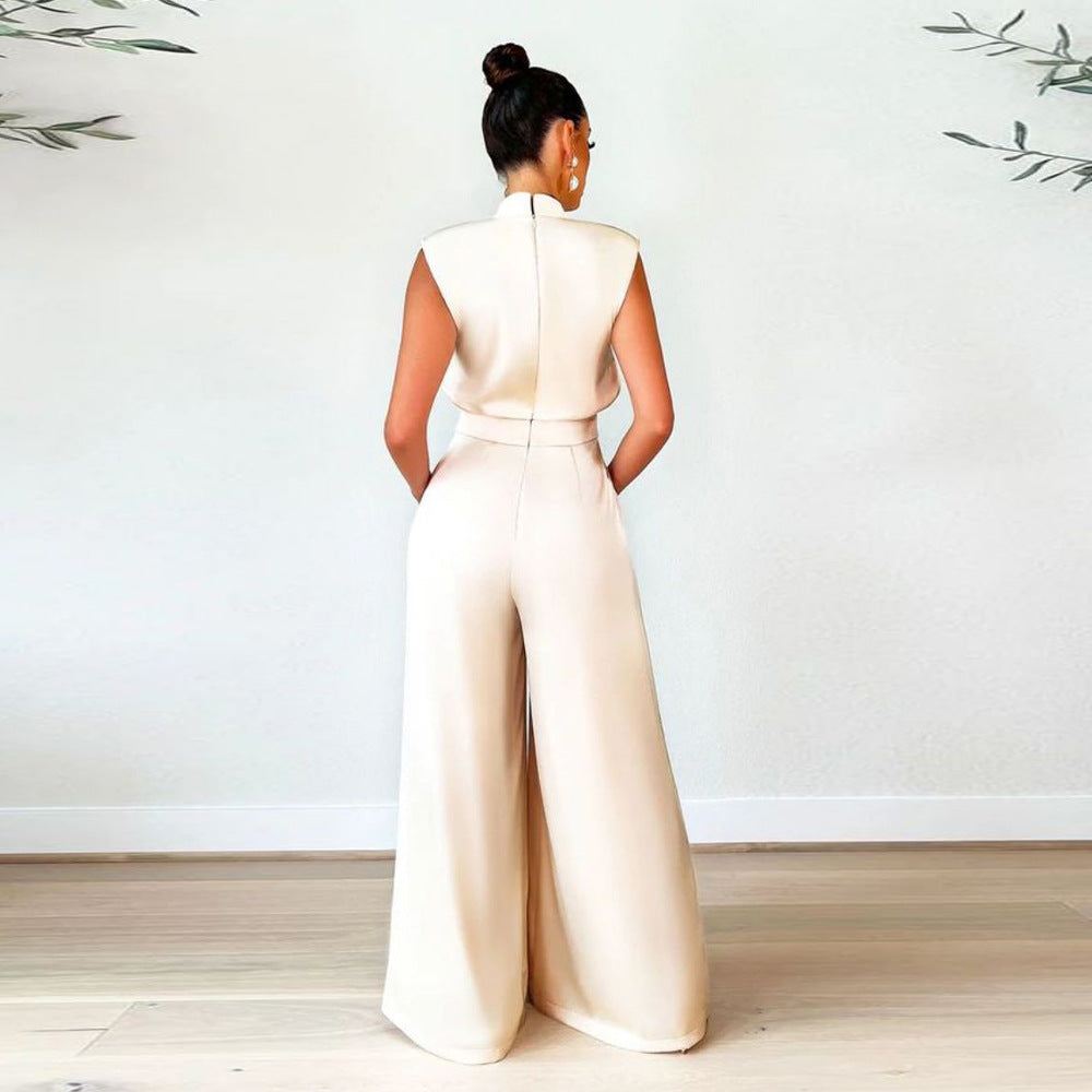 Women's Fashion Wide Leg Pants Solid Color Turtleneck Sleeveless Slim Waist Jumpsuit 12