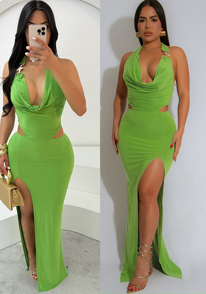 Women Spring Summer Sexy Halter Neck Backless Solid Bodycon Slit Dress