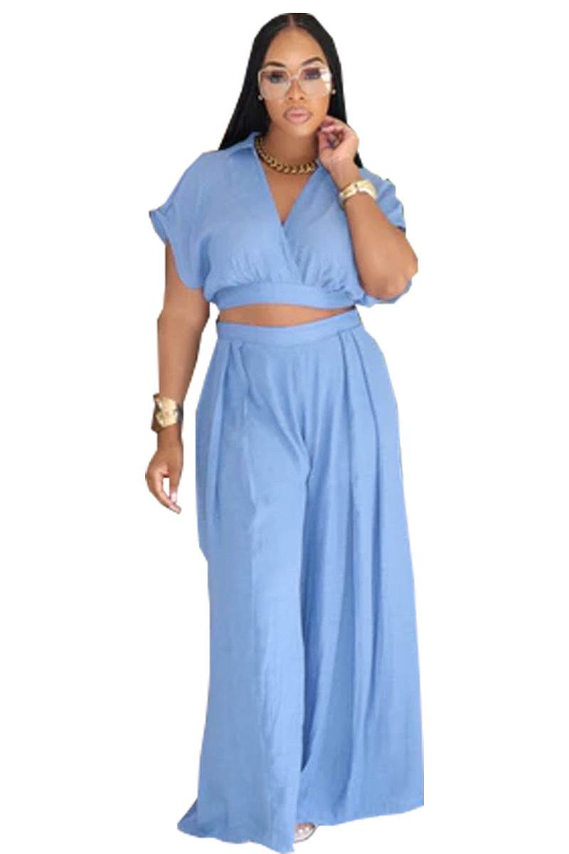 Women african solid turndown collar v neck top wide leg pants two piece set 9