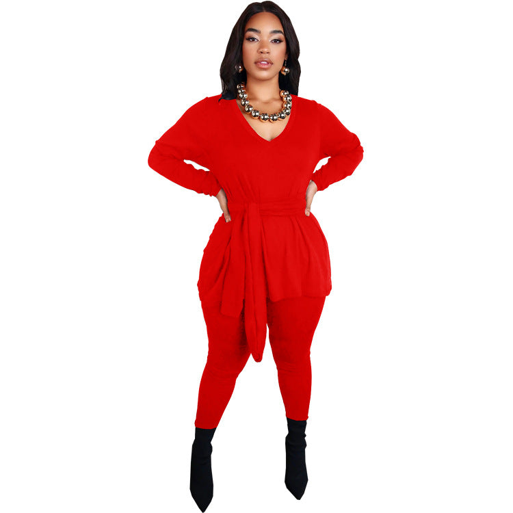 Women Fall and Winter Lace-up Top Long Pants Casual two-piece set 8