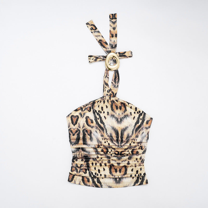 Women's Sexy Print Halter Neck Lace-Up Strapless Top with Slit Skirt Two-Piece Set 14