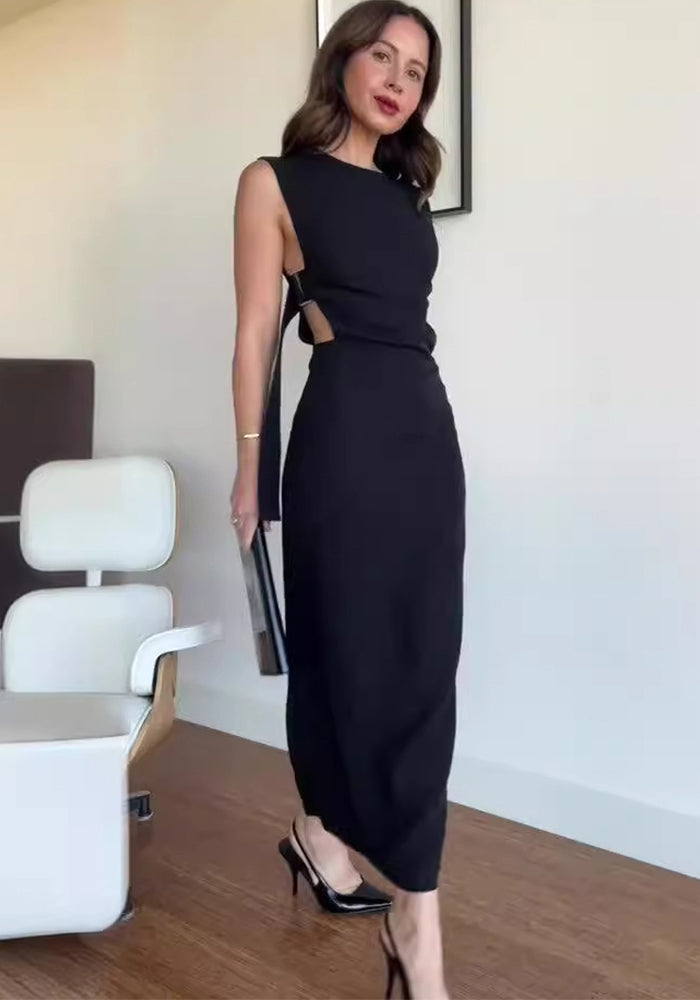 Summer solid color round neck sexy low back High slit long dress