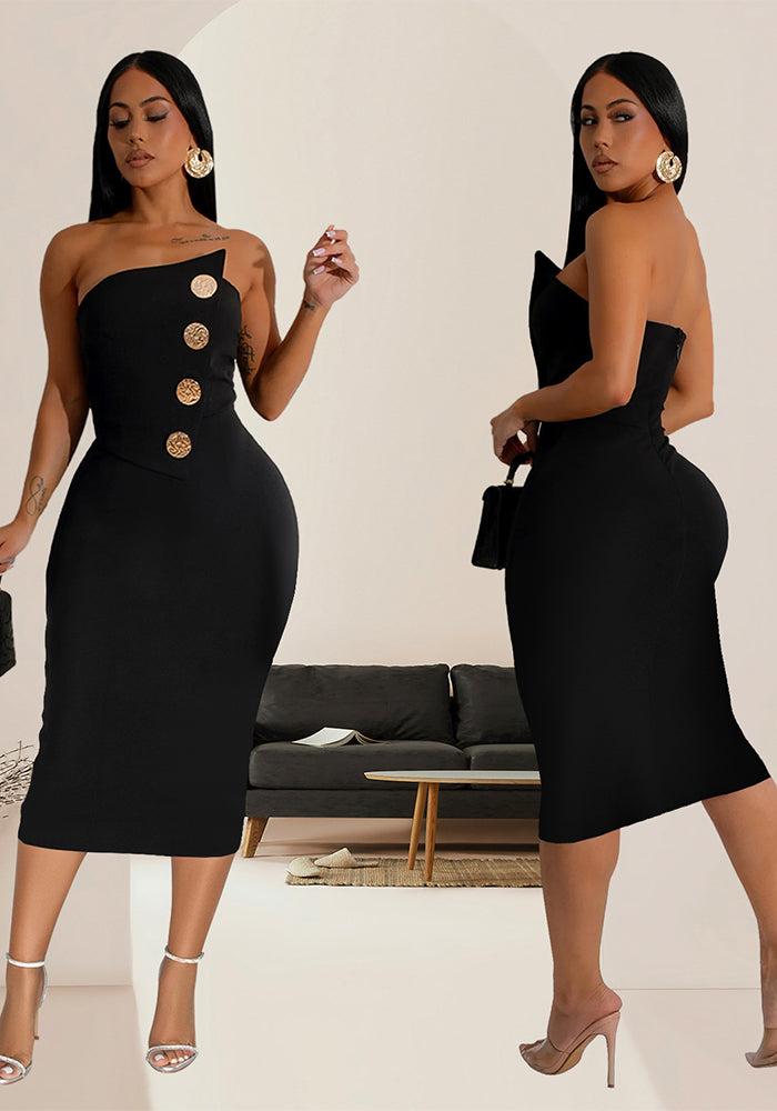 Fashion women's sexy Strapless button decoration dress
