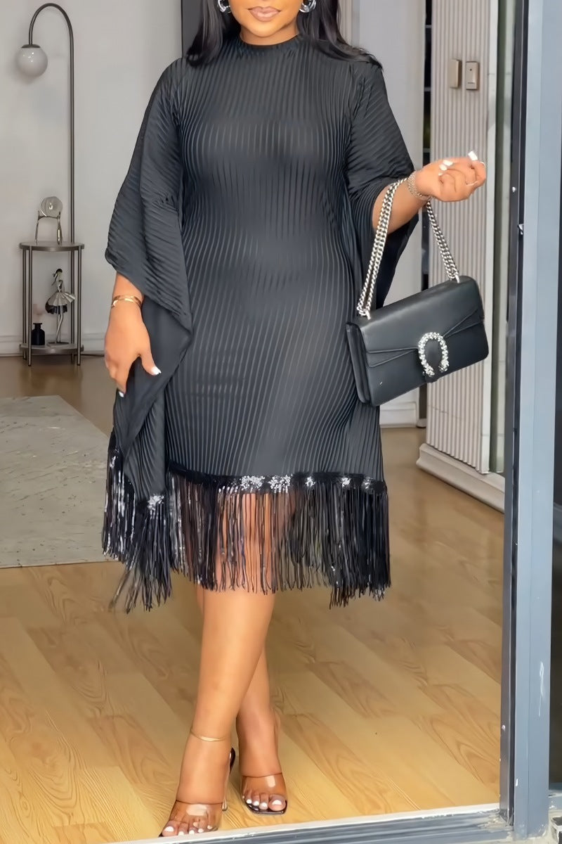 Sequin Tassel Bat Sleeves Elastic Bodycon Dress 4