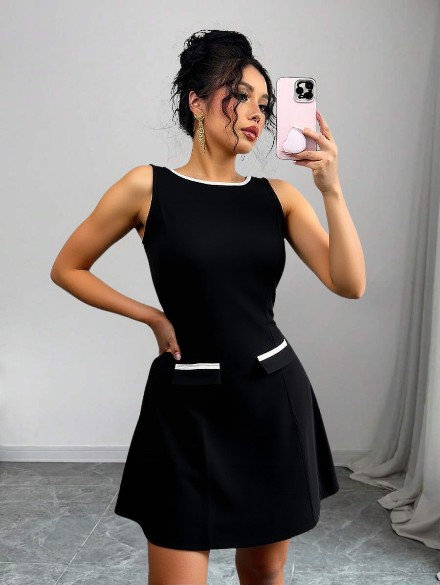 Women summer sleeveless French contrast color dress 3