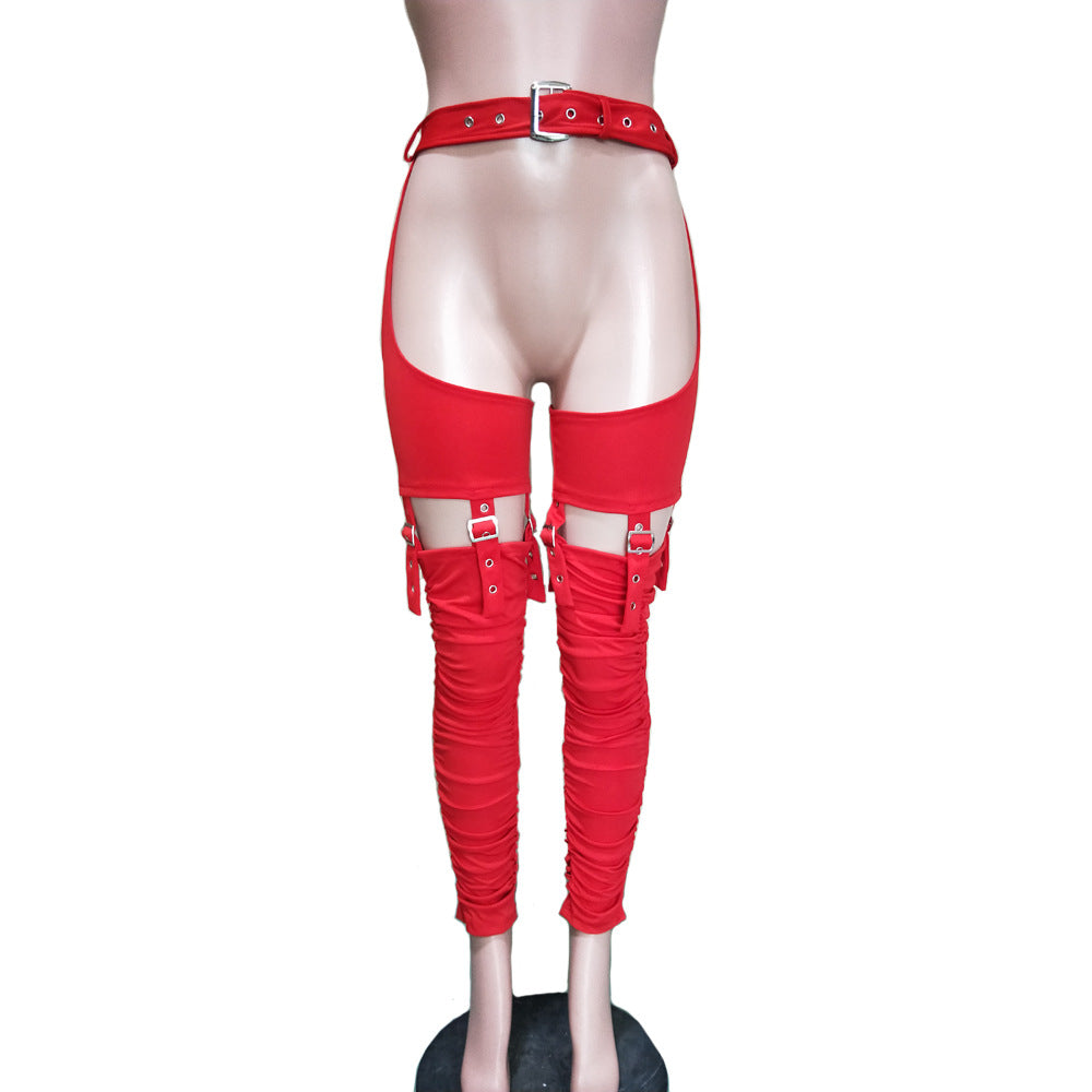 Women Sexy Belt Irregular Pleats Tight Pants 11