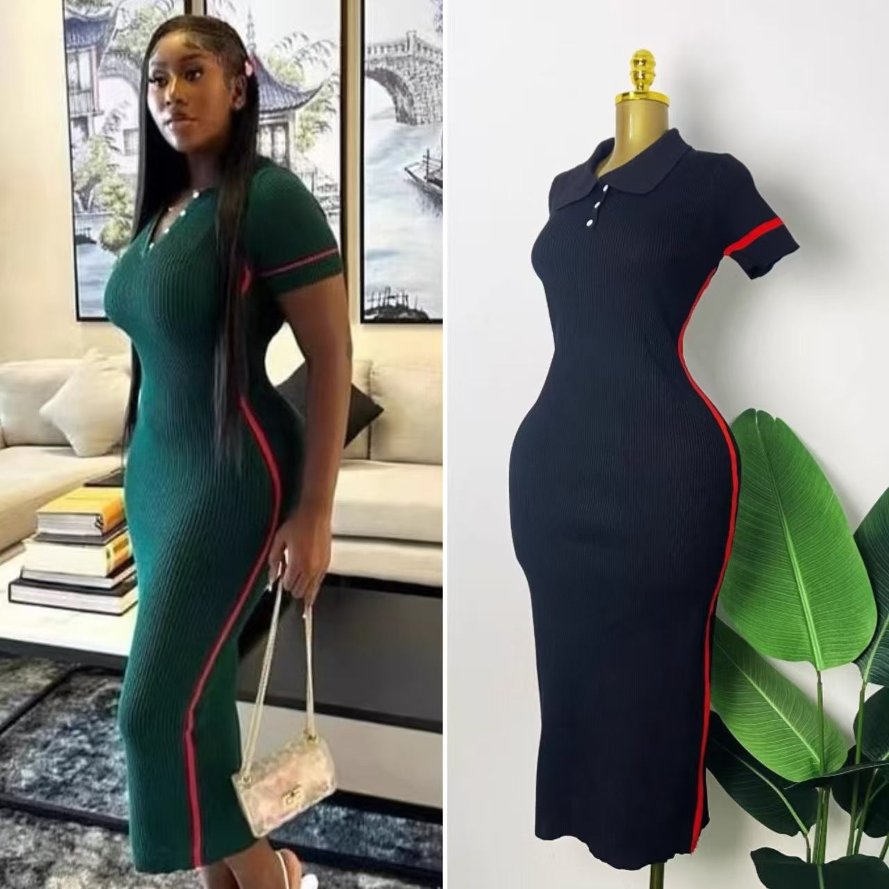 Women's Fashion Turndown Collar V-Neck Short Sleeve Knit Midi Dress 6