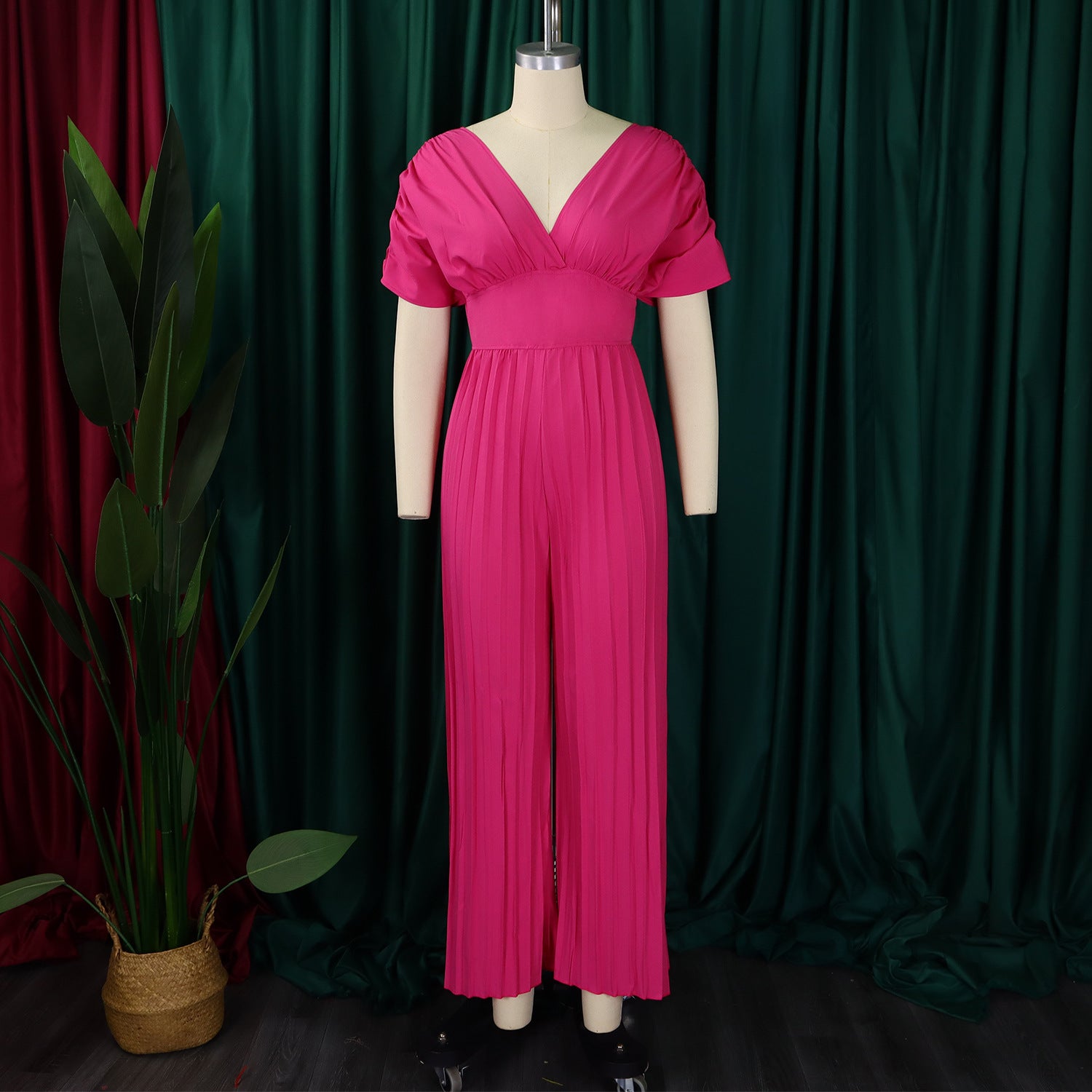 Women's V Neck Solid Color Pleated Jumpsuit 8
