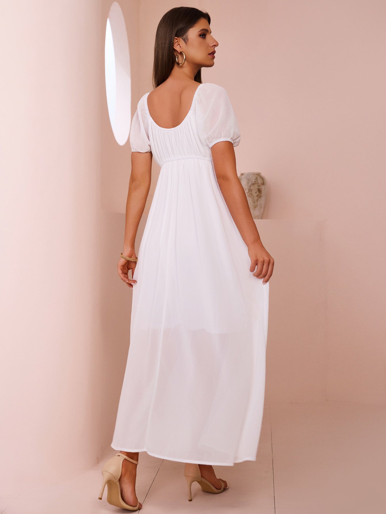 Summer Solid Color Square Neck Cotton Holiday Slim Waist Maxi Dress 3