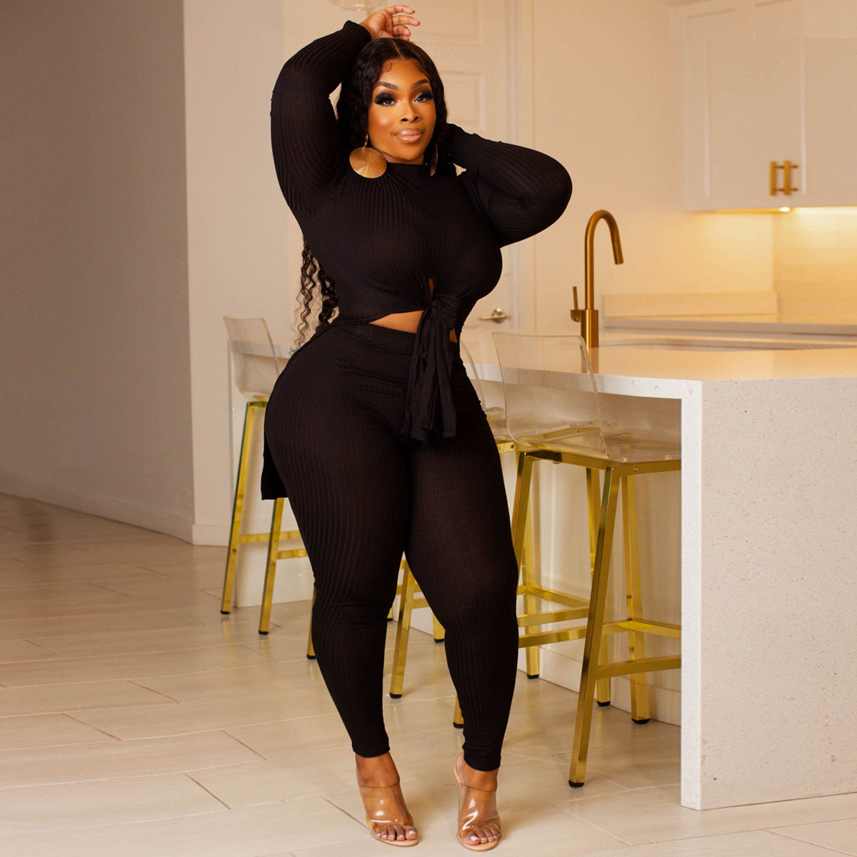 Women Ribbed Lace-Up Round Neck Long Sleeve Top and Pant Two Piece 5