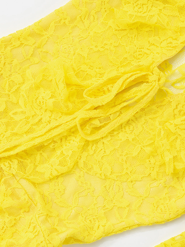 Women Lace Lotus Leaf Ribbon Long Sleeve Dress 9