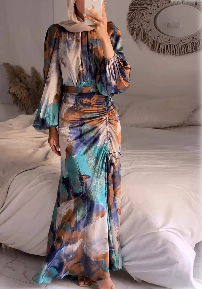 Women Pleated Long Sleeve Maxi Dress