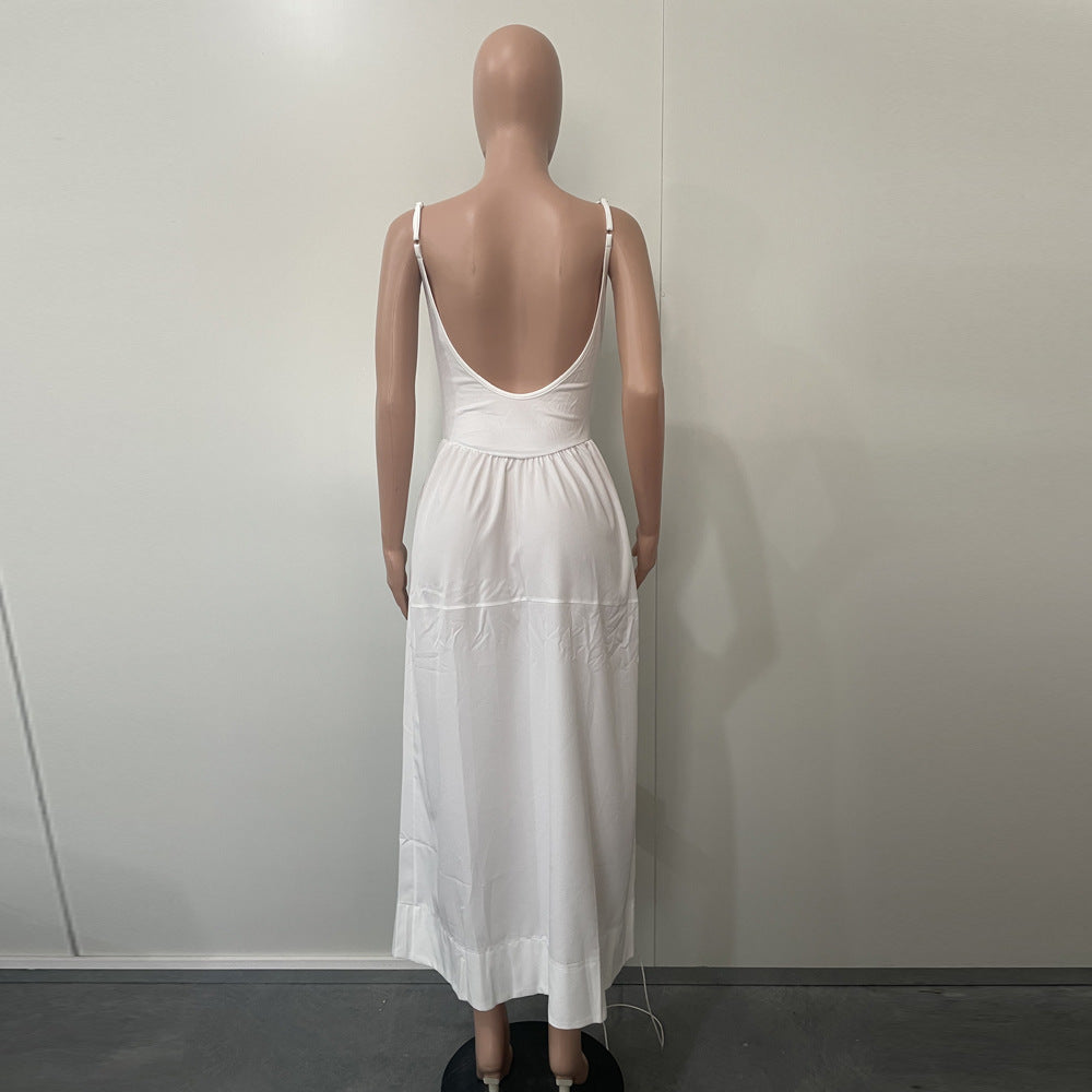 Women Chic Elegant Sexy U-Neck Low Back Strap Long Dress 4