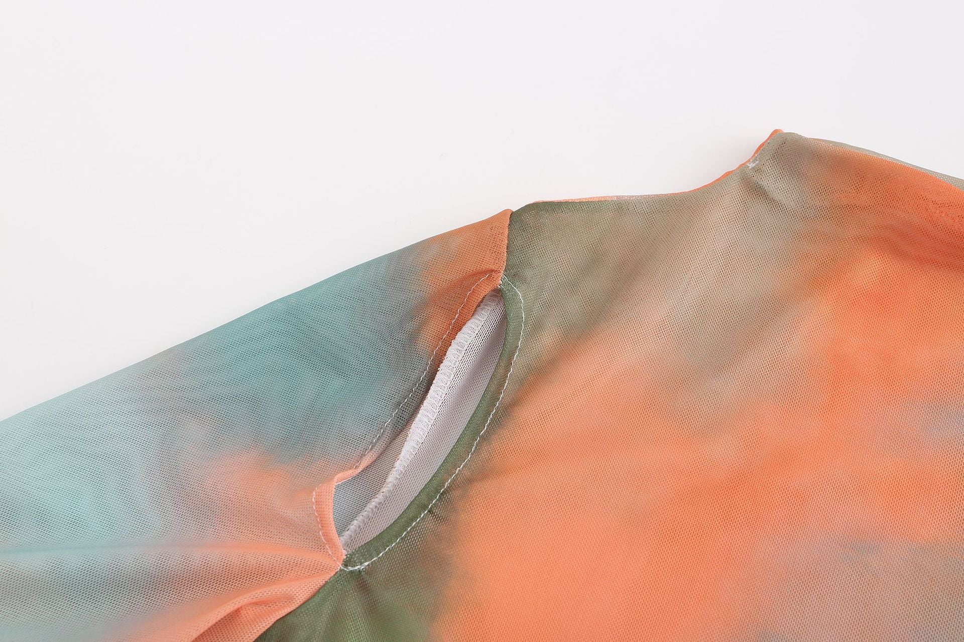 Women Spring Printed Mesh See-Through Hollow Round Neck Single Sleeve Dress 14