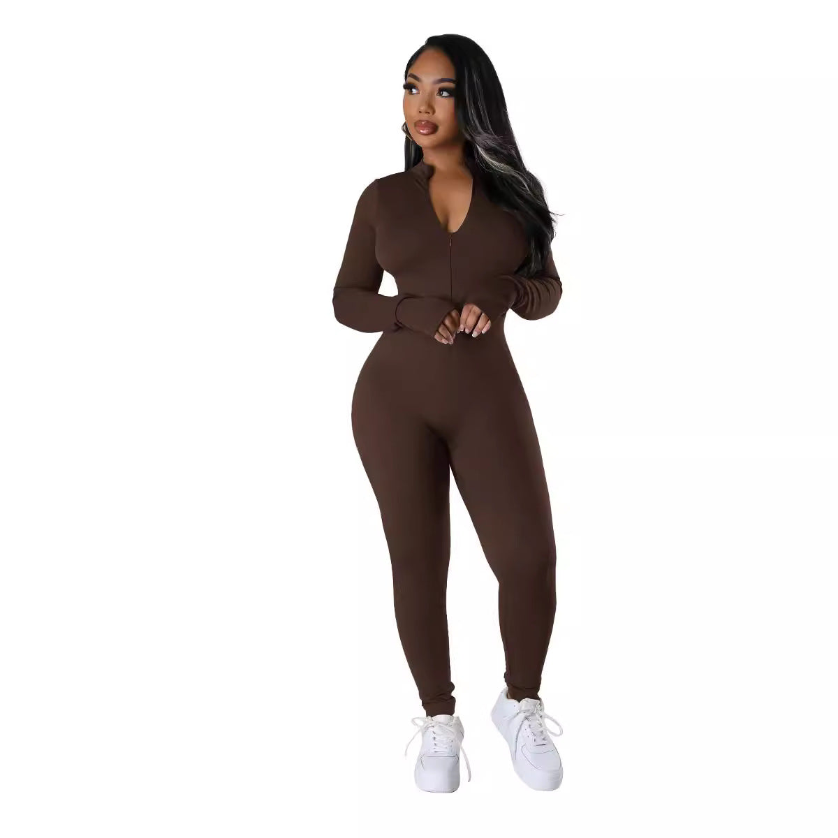 Autumn Winter solid color long sleeve tight slim casual zipper sports jumpsuit 7