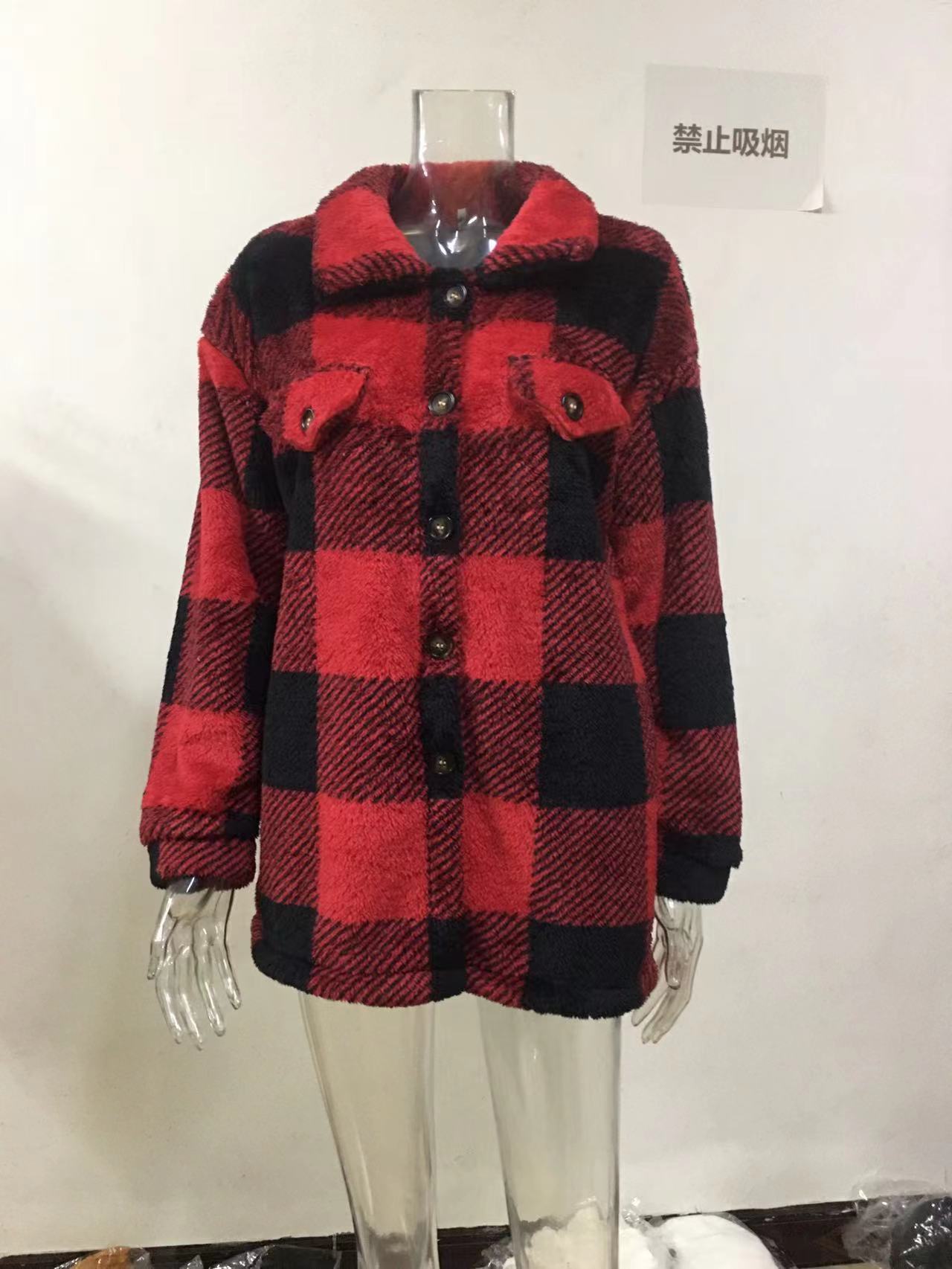 Women Autumn and Winter Pocket Plaid Sherpa Jacket Button Plush Jacket 33