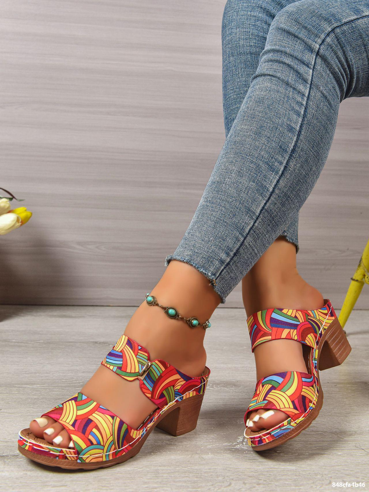 Plus Size Women Graffiti Buckled Lightweight Block Heel Sandals 8