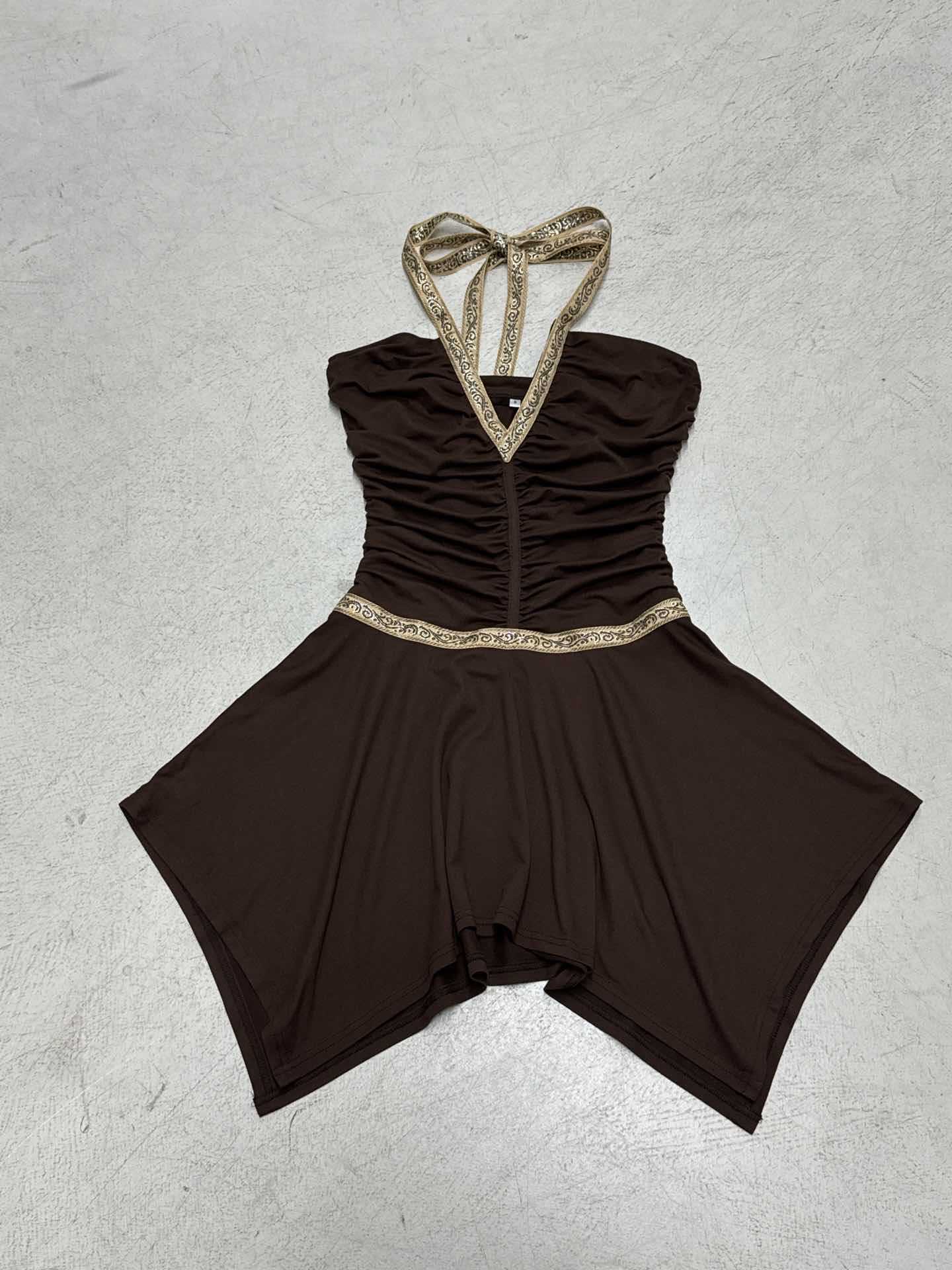 Women American-Style V-Neck Ethnic Ribbon Contrast Color Patchwork irregular pleated Halter Neck dress 21