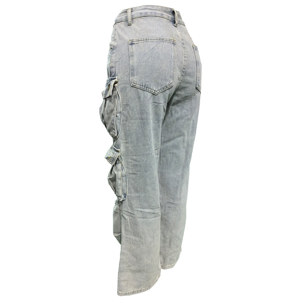 Women Washed Cargo Pocket Denim Straight Leg Pants 7