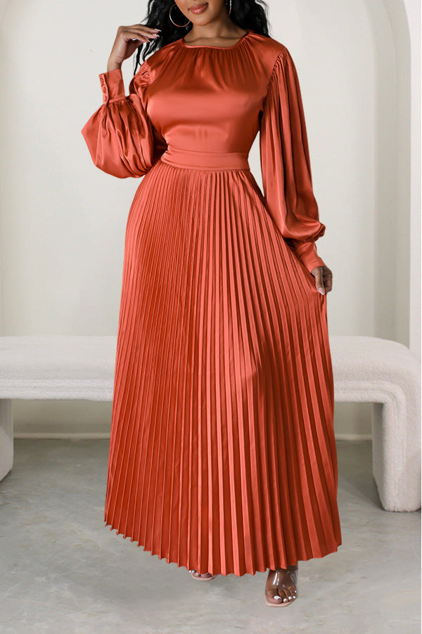 Women waisted loose long sleeve pleated dress 5