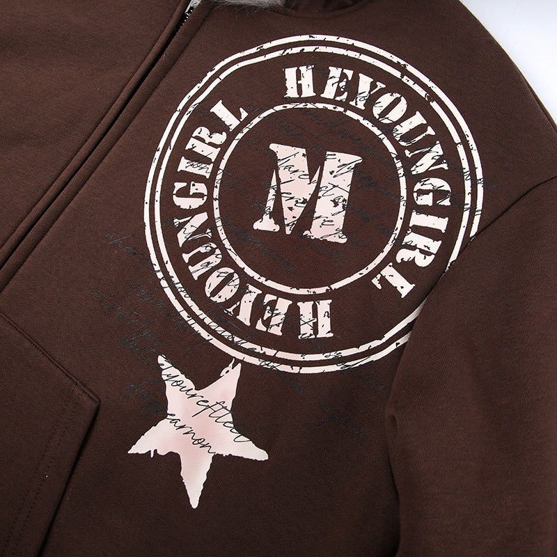 Winter Plush Hooded Badge Print Retro Jacket Loose Plus Size Casual Zipper Hoodies 15