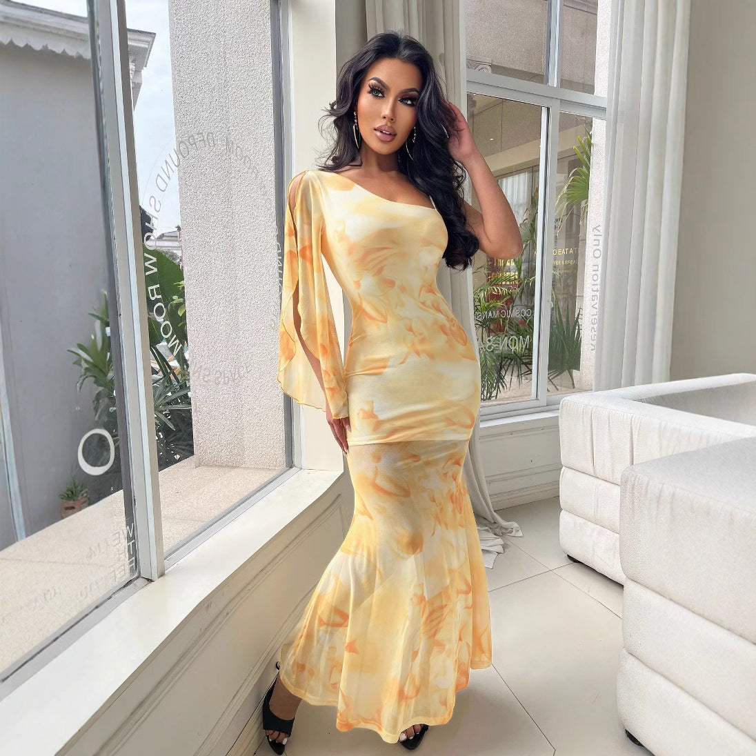 Sexy Slash Shoulder Strap Dress Women Holidays Fishtail Print Mesh Long Dress 5