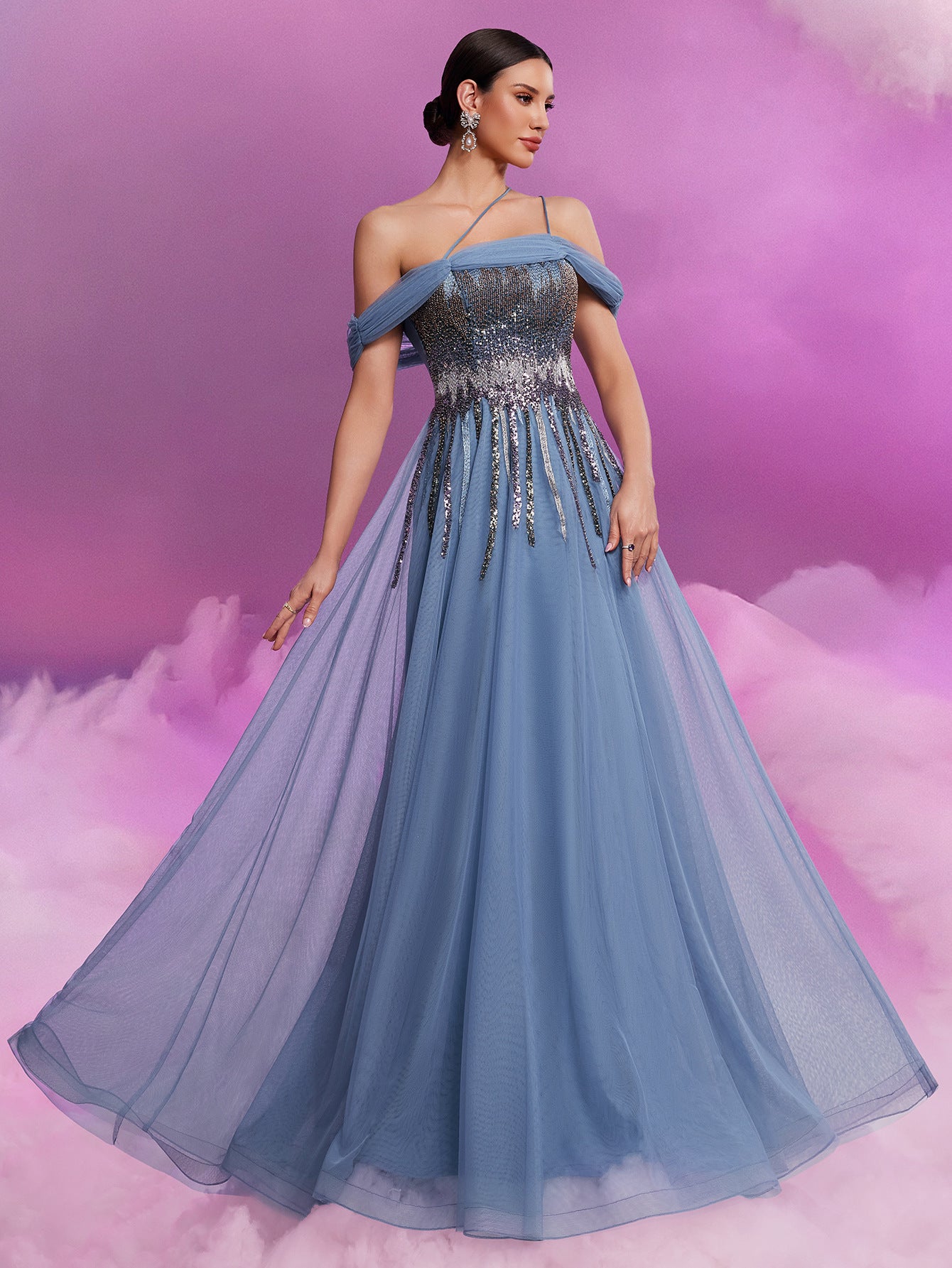 Women's Elegant Sequin Mesh Off Shoulder Chic A-Line Floor Length Cocktail Formal Evening Dress 6