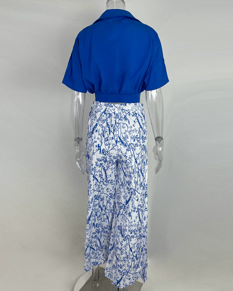 Women Clothes V-Neck Cropped Shirt Top Print Career Wide Leg Pants Two Piece Set 10