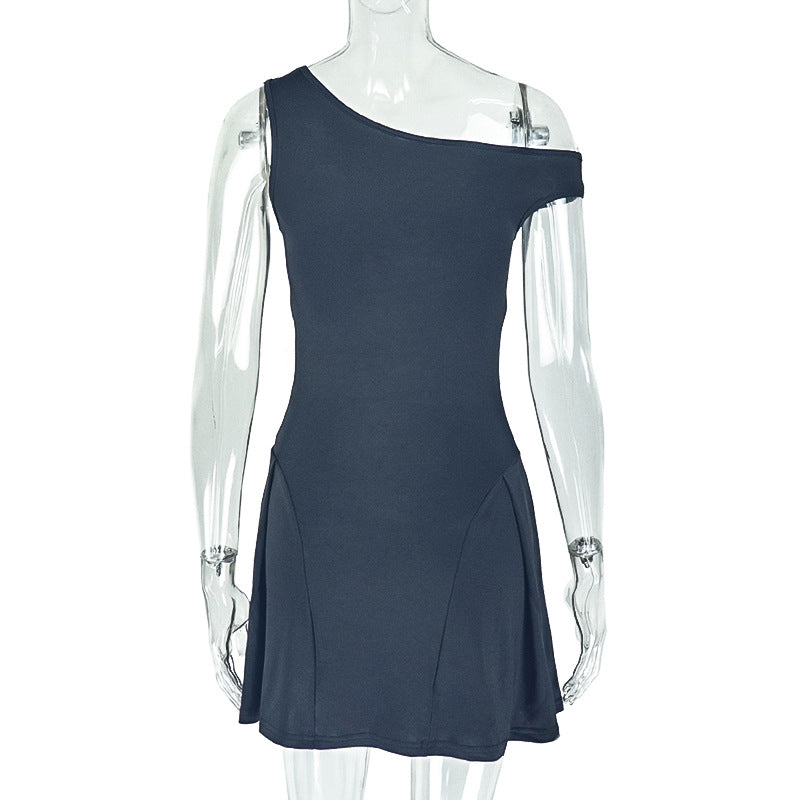 Women's Chic Solid Color One-ShoulderA-line Mini Dress 12